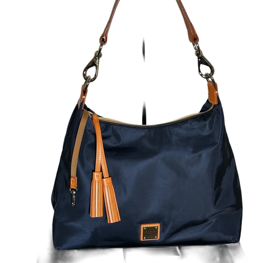 DOONEY & BOURKE WAFAIR NYLON HOBO Navy nylon and Tan Leather trim Shoulder Bag